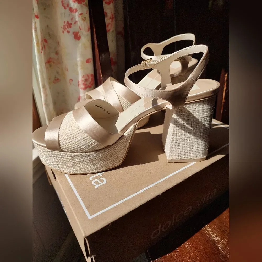 Dolce Vita Bailey Cream Satin Platform Sandals Raffia Block Heel Ankle Strap10